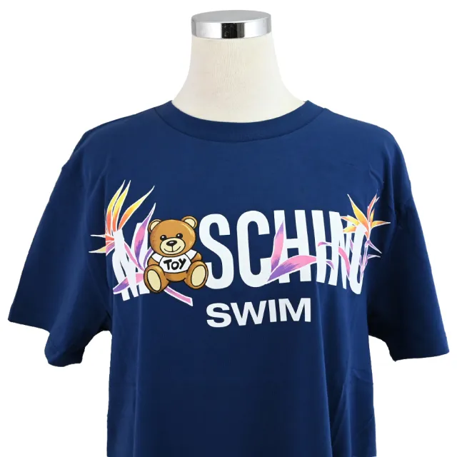 【MOSCHINO】品牌英文LOGO泰迪熊夏日風個性棉短T恤(藍)