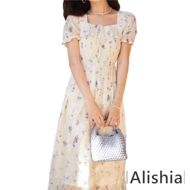 Alishia 休閒渡假風藍色碎花輕盈泡泡袖雪紡洋裝 S-XL(米色)