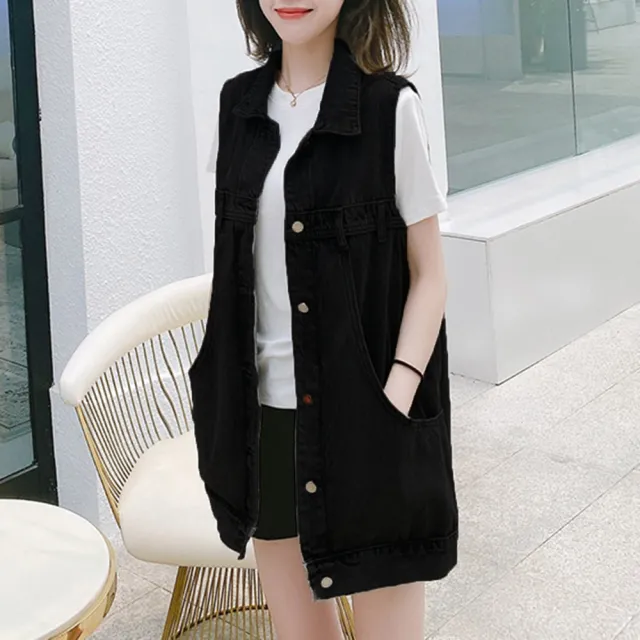 【MsMore】網紅牛仔背心韓版寬鬆無袖中長版百搭背心外套#118569(2款任選)