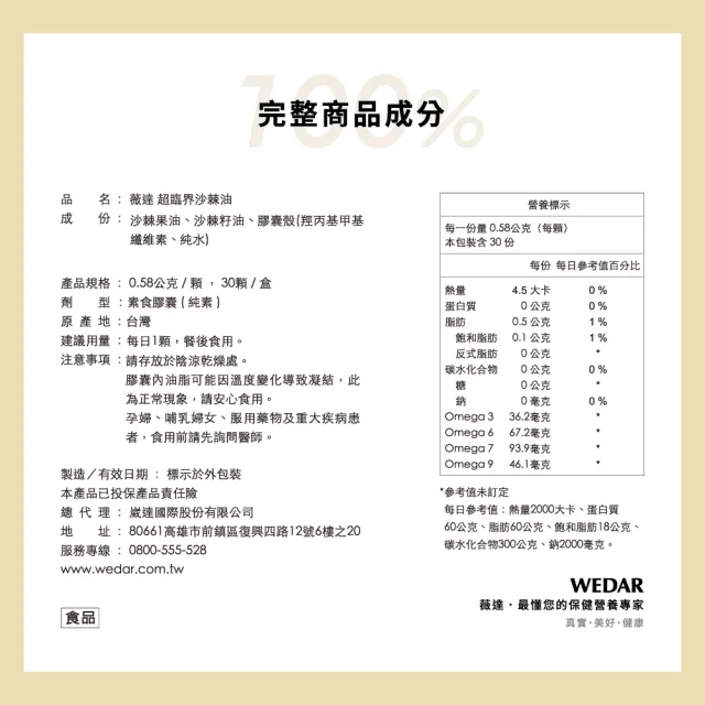 【Wedar 薇達】超臨界沙棘油 6盒組(30顆/盒.全果萃取.淨土產地.極頂萃取.omega.純素)