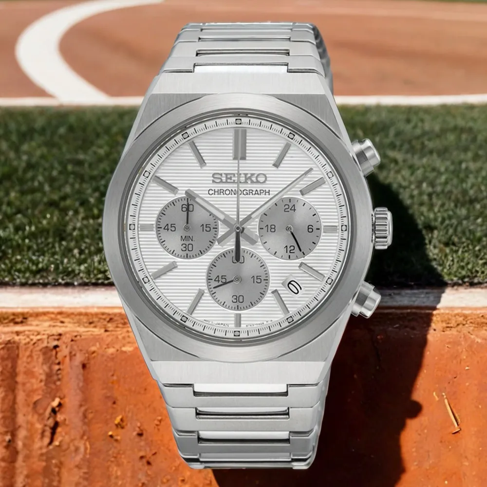 【SEIKO 精工】CS 橫條紋金屬光澤計時手錶-40mm 母親節 禮物 送禮(SSB451P1/8T63-02F0S)