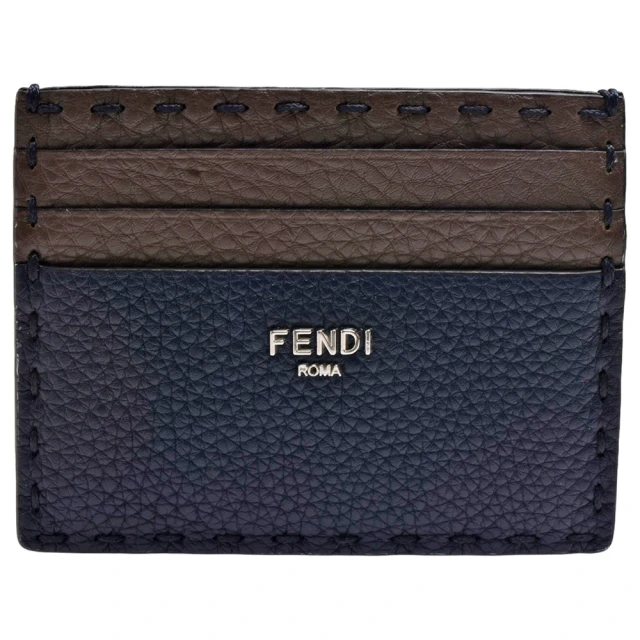 FENDI 芬迪 經典品牌金屬LOGO撞色小牛皮萬用卡夾(咖啡/深藍色7M0164-BRO-BLUE)