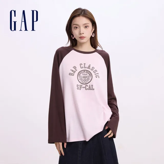 【GAP】女裝 Logo純棉印花圓領長袖T恤-粉色(622781)