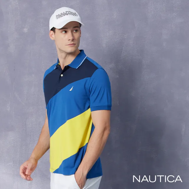 【NAUTICA】男裝 吸濕排汗斜條紋短袖POLO衫(藍黃色)