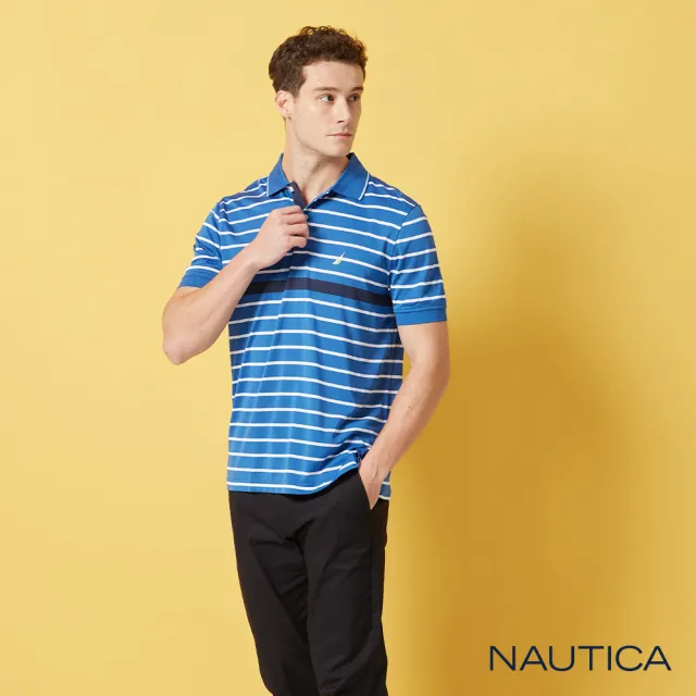 【NAUTICA】男裝 吸濕排汗細條紋短袖POLO衫(藍白色)