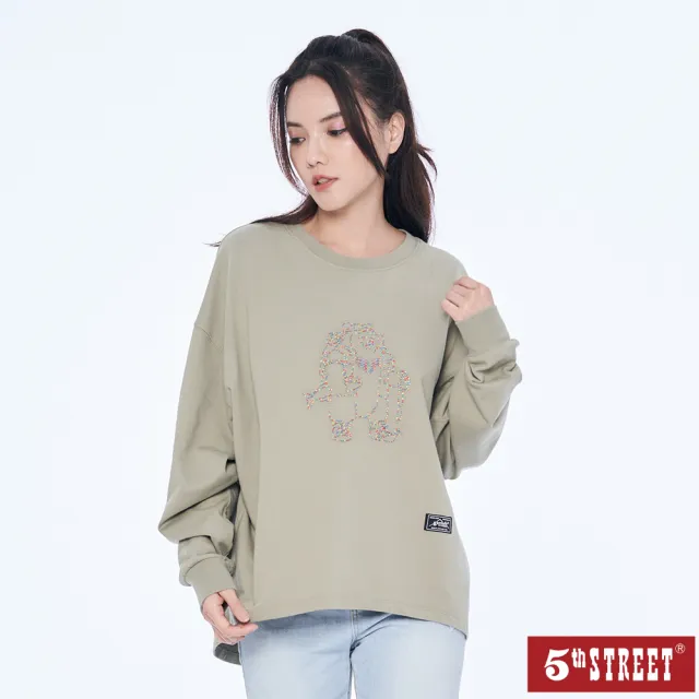 【5th STREET】女裝彩色線繡花熊寬版長袖T恤-綠色