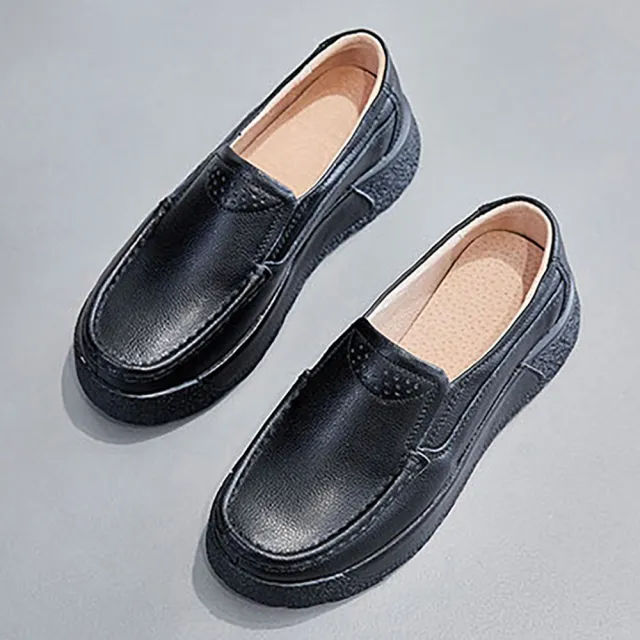 【LOVE FOOT 樂芙】真皮樂福鞋 厚底樂福鞋/真皮舒適捆邊圓頭百搭鬆糕厚底休閒鞋 樂福鞋(黑)