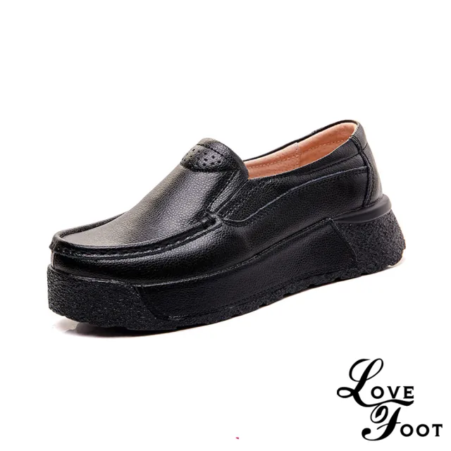 【LOVE FOOT 樂芙】真皮樂福鞋 厚底樂福鞋/真皮舒適捆邊圓頭百搭鬆糕厚底休閒鞋 樂福鞋(黑)