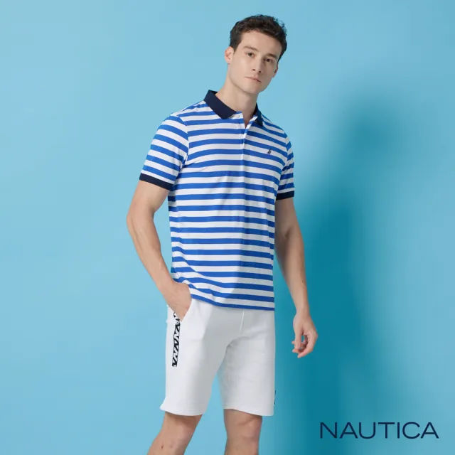【NAUTICA】男裝 休閒撞色條紋短袖POLO衫(藍白色)