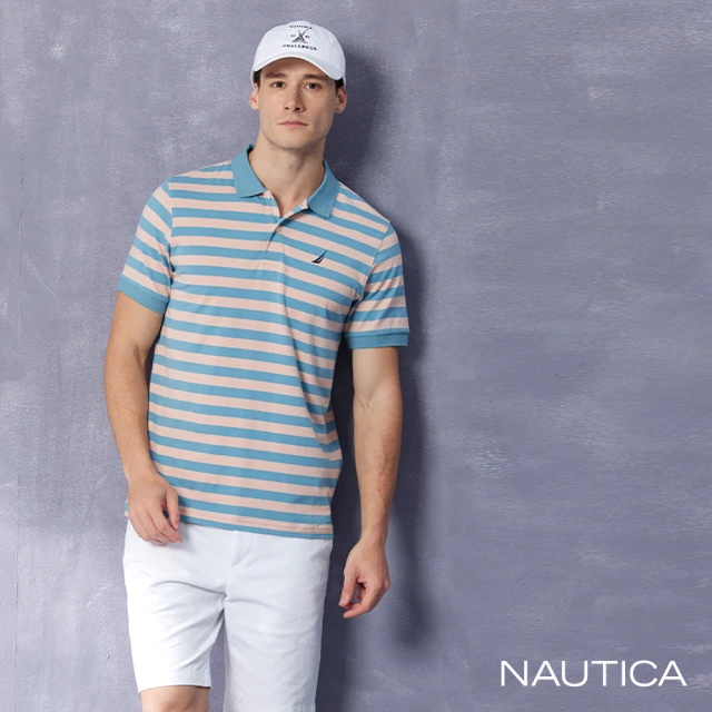 【NAUTICA】男裝 休閒撞色條紋短袖POLO衫(藍粉色)