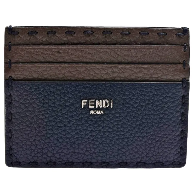 【FENDI 芬迪】經典品牌金屬LOGO撞色小牛皮萬用卡夾(咖啡/深藍色7M0164-BRO-BLUE)