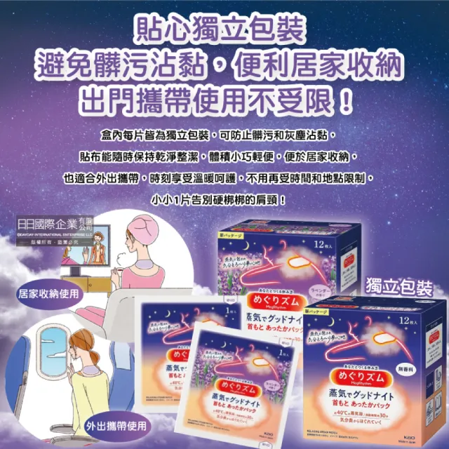 【日本KAO花王】日本境內版約40°C蒸氣睡前溫感肩頸熱敷貼片12片/盒(蒸氣貼就寢前溫熱貼片運動貼布頸部)