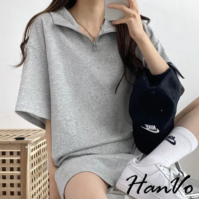 【HanVo】現貨 簡約素色經典拉鍊領套裝(寬鬆親膚柔軟舒適兩件式 日常百搭韓系女裝 女生衣著 A08-7003)