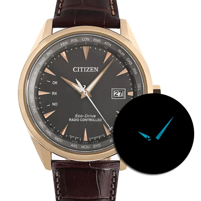 【CITIZEN 星辰】光動能 萬年曆 電波錶 日期 壓紋小牛皮手錶 灰x玫瑰金框x褐 43mm(CB0273-11H)
