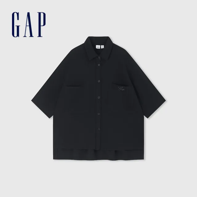 【GAP】女裝 Logo翻領短袖襯衫-黑色(638888)