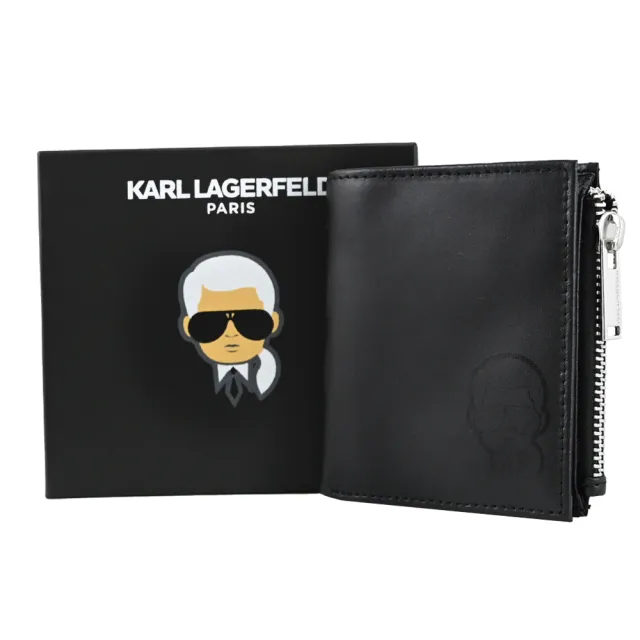 【KARL LAGERFELD 卡爾】老佛爺公仔烙印扣式零錢短夾禮盒組(黑)