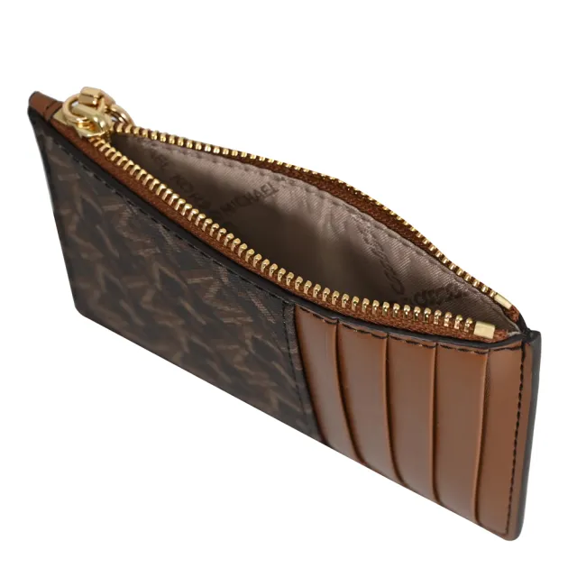 【Michael Kors】經典MK LOGO印花皮革拼接信用卡名片零錢包(深咖/咖)