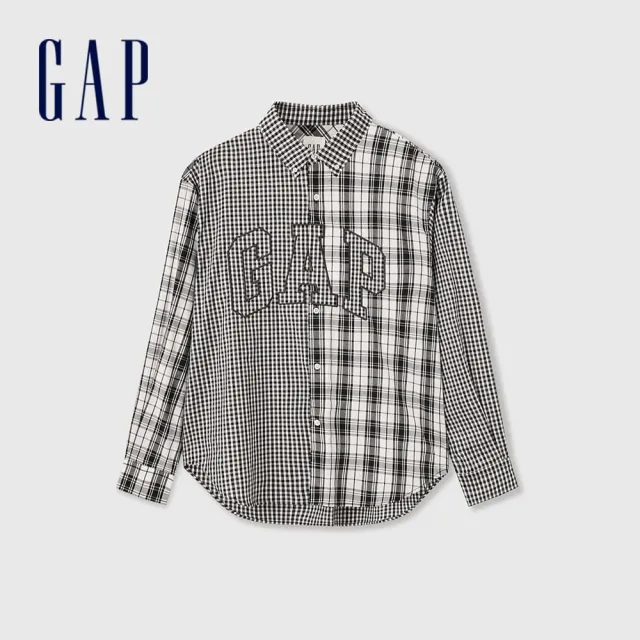 【GAP】男裝 Logo純棉刺繡翻領長袖襯衫-黑色(635882)