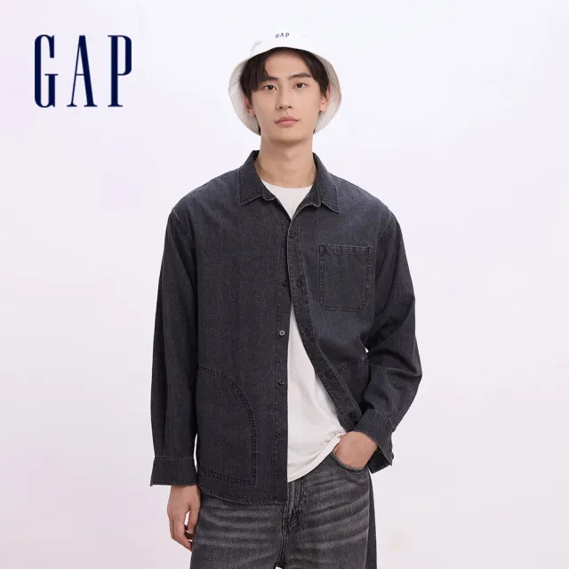 【GAP】男裝 純棉翻領長袖襯衫-水洗黑(636629)