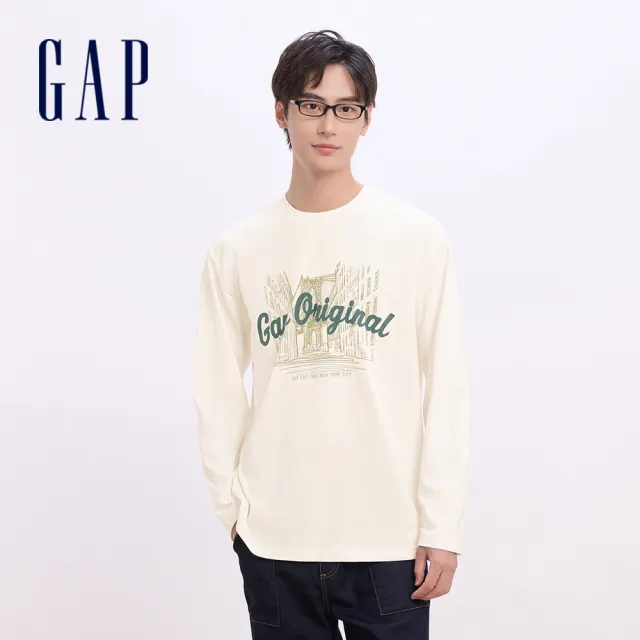 【GAP】男裝 Logo純棉印花圓領長袖T恤-米白色(636018)