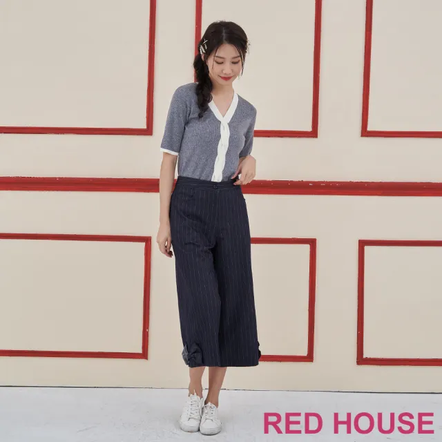 【RED HOUSE 蕾赫斯】褲口蝴蝶結條紋寬褲(深藍色)