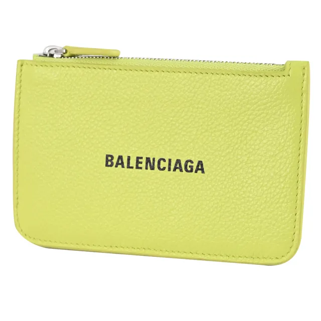 【Balenciaga 巴黎世家】簡約經典品牌LOGO荔枝牛皮信用卡零錢包(螢光黃)