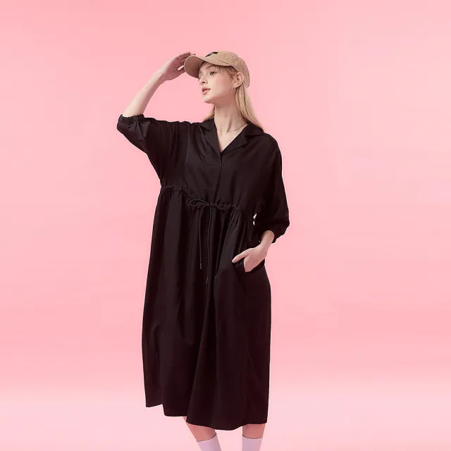 【ICHE 衣哲】Cop.Copine 法式簡約學院風抽繩造型七分袖長洋-兩色(黑)