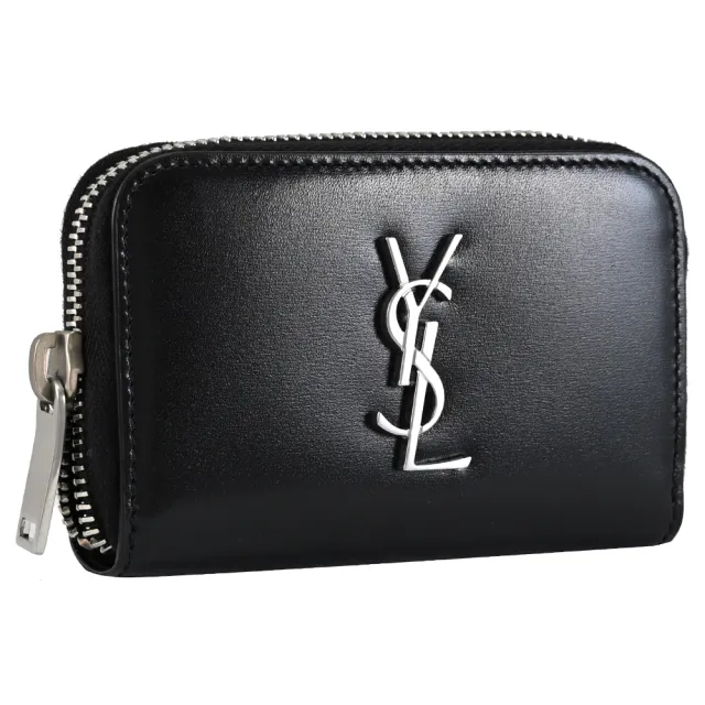 【YSL】經典字母LOGO小牛皮信用卡名片三層拉鍊零錢包(黑)