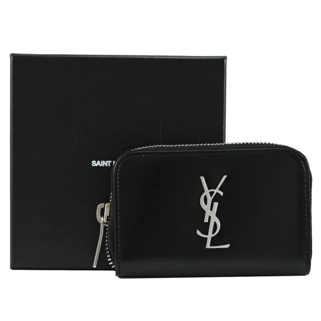 【YSL】經典字母LOGO小牛皮信用卡名片三層拉鍊零錢包(黑)