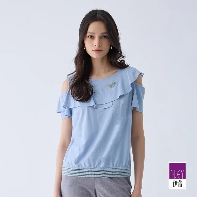 【ILEY 伊蕾】荷葉活片露肩短袖上衣(淺藍色；M-XL；1242011038)