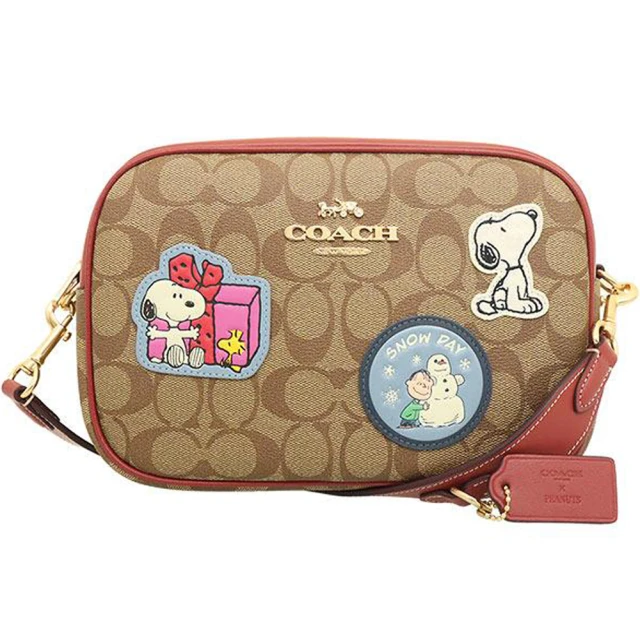 COACH Coach X Peanuts聯名款紅X卡其PVC滿版LOGO史奴比大款斜背相機包