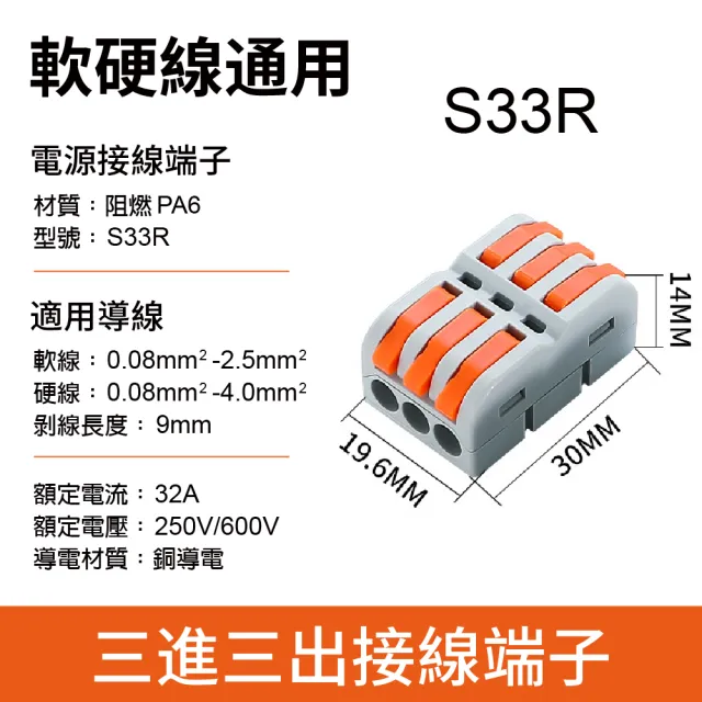 【青禾坊】拼接式 3進3出 S33R/S33C 快速接頭-50入(接線端子/快接端子/電火布/絕緣膠帶/快速配線)