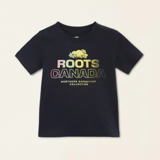 【Roots】Roots小童-城市旅者系列 漸層文字LOGO純棉短袖T恤(軍藍色)