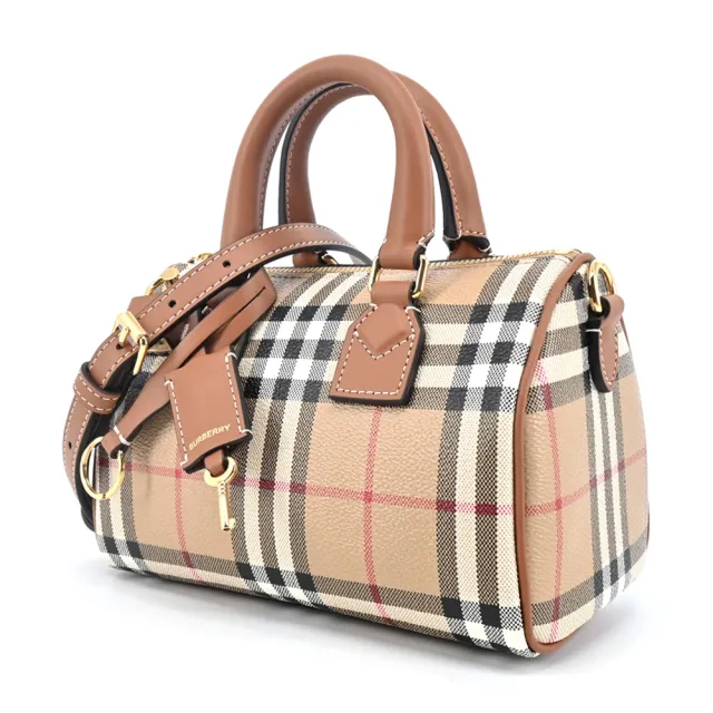 【BURBERRY 巴寶莉】經典格紋皮革迷你手提/斜背包(石楠木棕色)