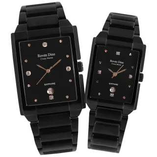 【Roven Dino 羅梵迪諾】復古方型 晶鑽閃耀 不鏽鋼手錶 情人對錶 鍍黑 31mm+24mm(RD66036BM.RD66036BL)