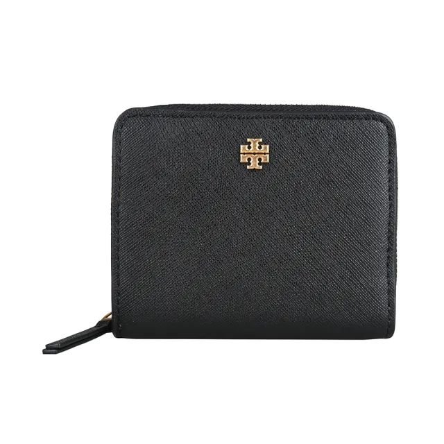 【TORY BURCH】TORY BURCH Emerson簍空立體金色T字LOGO防刮牛皮6卡拉鍊零錢短夾(黑)