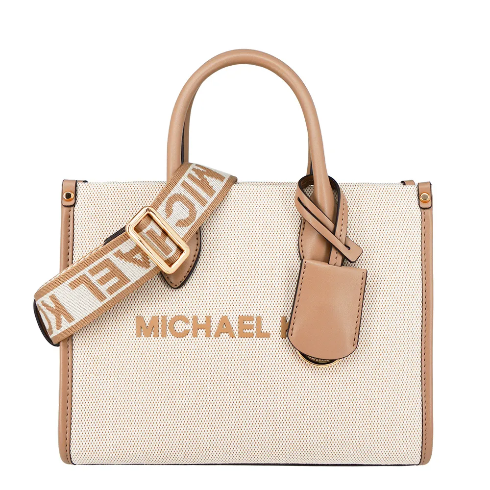 【Michael Kors】MIRELLA系列 帆布皮革 斜背/肩背/手提 寬背帶 手提包 托特包(奶茶色)