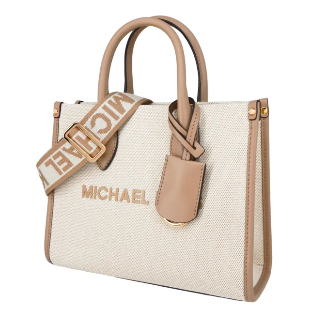 【Michael Kors】MIRELLA系列 帆布皮革 斜背/肩背/手提 寬背帶 手提包 托特包(奶茶色)