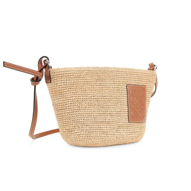 【LOEWE 羅威】Slit Pochette 酒椰纖維 緹花拼小牛皮 拉鍊 肩背包 水桶包 草編包 原色 棕褐色