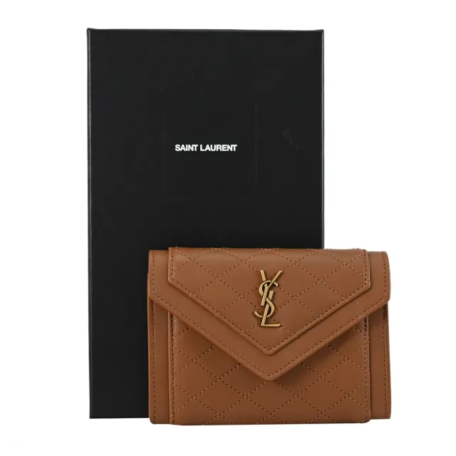 【YSL】經典金屬LOGO菱格縫線羊皮信用卡名片證作零錢包(咖)