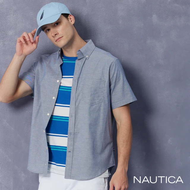 NAUTICA 男裝 舒適休閒棉質短袖襯衫(藍色)