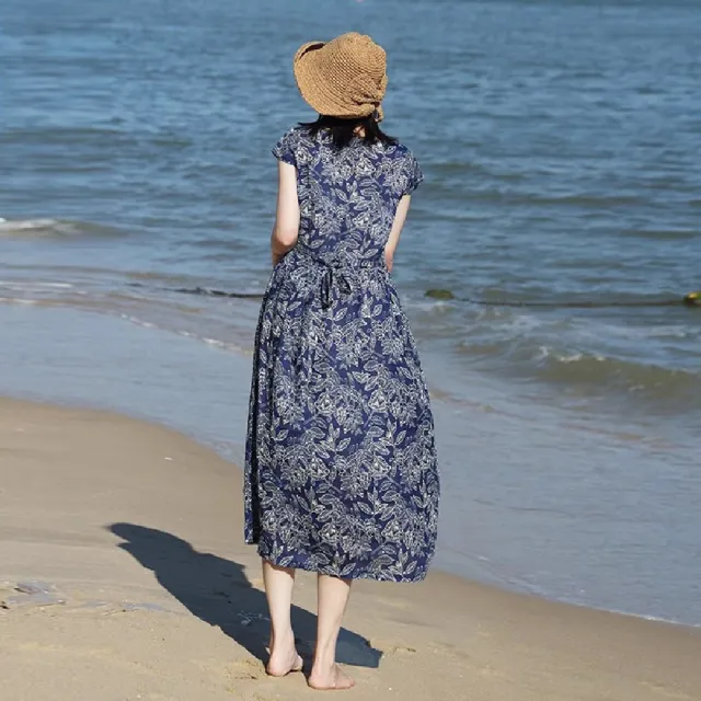 【LANNI 藍尼】★小包袖連身渡假連身裙(女裝/洋裝/套裝/長版上衣/連身裙/日系)