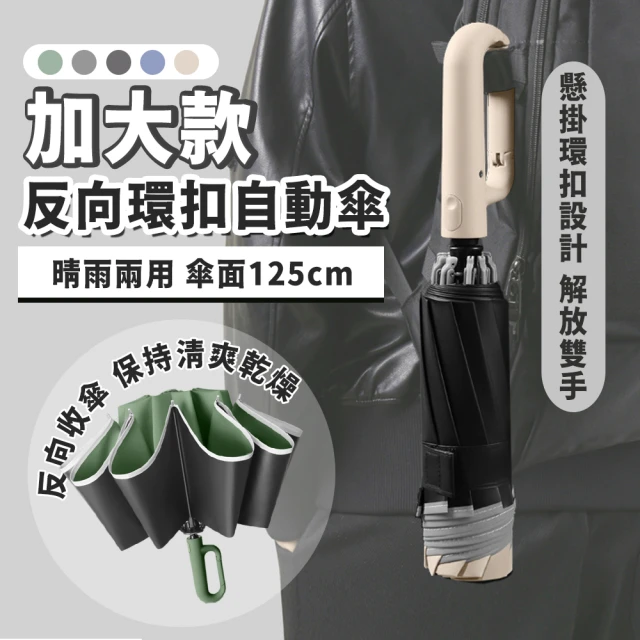 【樂邦】2入/反向環扣黑膠防曬自動雨傘(摺疊傘 反向傘 大傘面 環扣傘 勾勾傘 三折傘 10骨)
