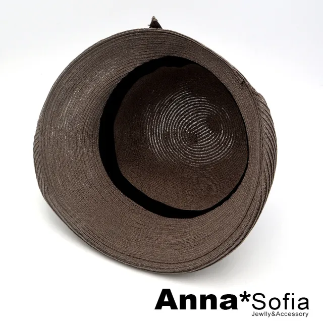 【AnnaSofia】遮陽帽防曬帽淑女帽網美渡假草帽海灘帽漁夫帽盆帽-側疊結小翻簷 現貨(濃咖系)