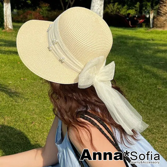 【AnnaSofia】買一送一久等禮 遮陽帽防曬帽淑女帽網美渡假草帽海灘帽漁夫帽盆帽-長紗帶綴珠 現貨(杏系)