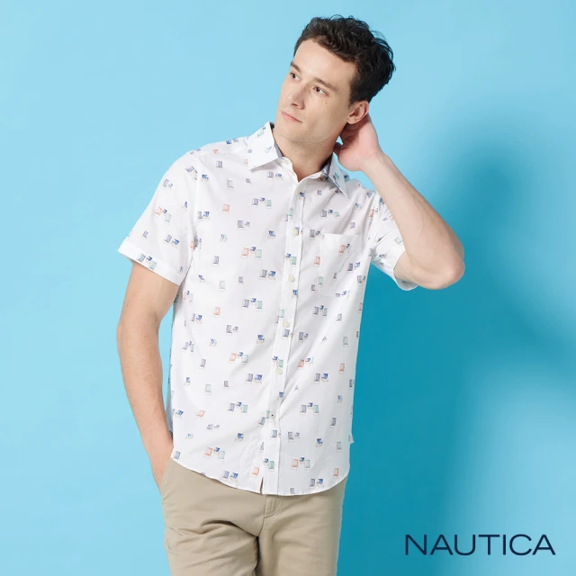 NAUTICA 男裝 手繪感多彩方格短袖襯衫(白色)