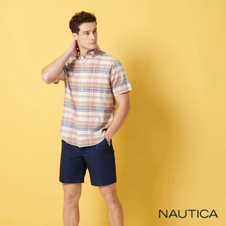 【NAUTICA】男裝 純棉柔感格紋短袖襯衫(粉藍色)