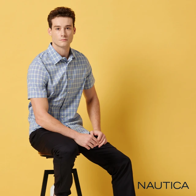 NAUTICA 男裝 吸濕排汗寬格紋短袖襯衫(藍色)