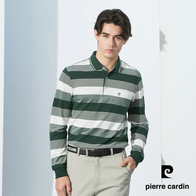 pierre cardin 皮爾卡登 網路獨家 男款 棉質混紡網眼條紋薄長袖POLO衫-墨綠色(7225265-48)