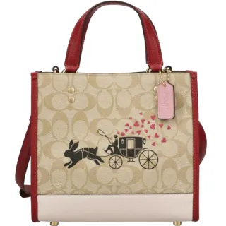 【COACH】Dempsey Tote 22兔兔X愛心馬車X焦糖咖啡PVC滿版LOGO小款手提斜背包